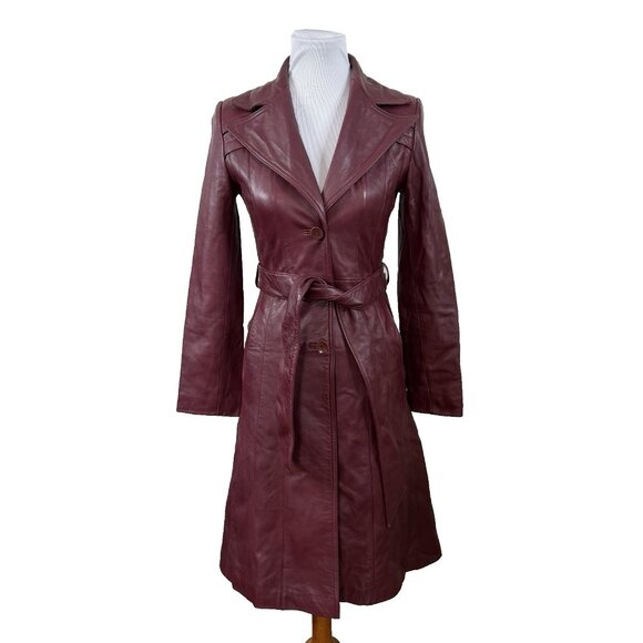 John Carlisle Essentials Long Oxblood Red Leather Coat Jacket 70s XS Belted VTG - Picture 1 of 10